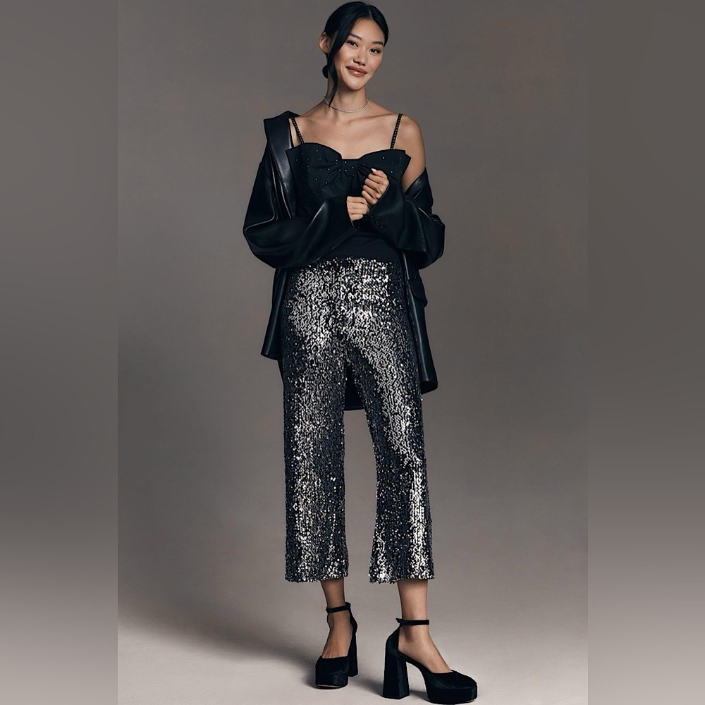 🪩Maeve Anthropologie The Colette Cropped Wide-Leg Sequin Pants in Black